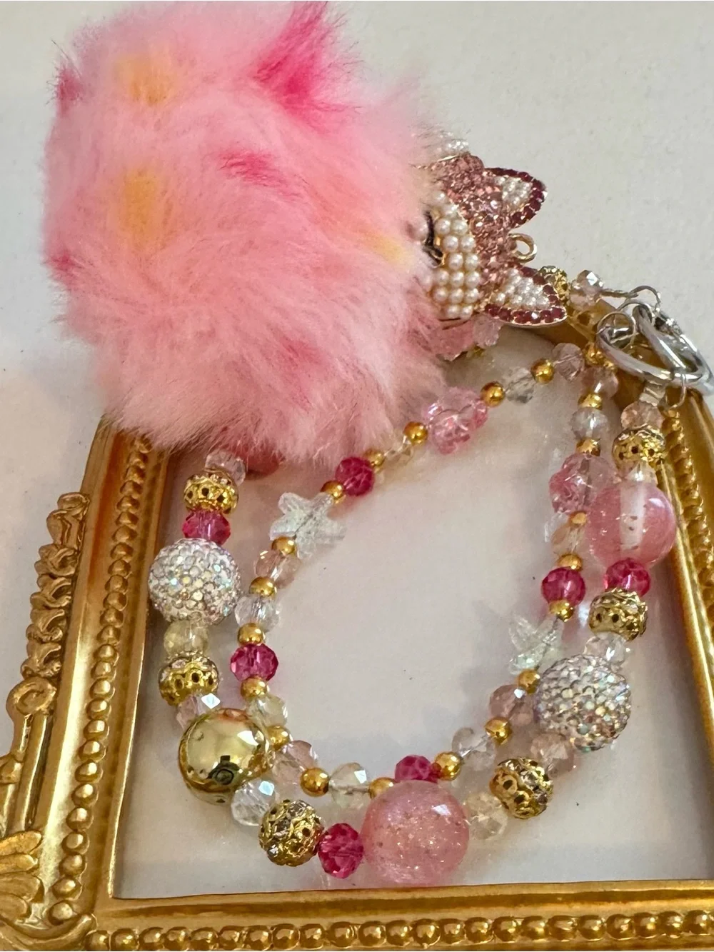 New Pink Pom-Pearl Fox  Phone Charm with Crystal Accents